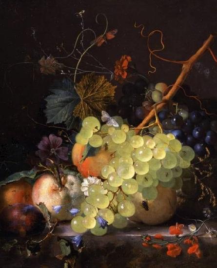 Jan van Huijsum of grapes and a peach on a table top oil painting image